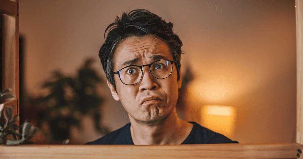 A man peer intensely over a wooden partition with a furrowed brow, straining to project an air of deep, analytical contemplation.