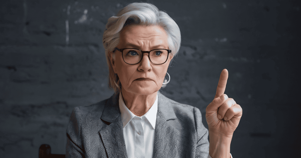 An older woman in a grey blazer holds up a cautionary finger with a stern gaze, signaling a firm stance against further deception.