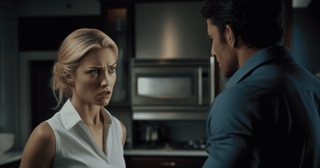 A woman looks at a man with an expression of deep distress and confusion, highlighting the emotional toll of a high-stakes interaction.