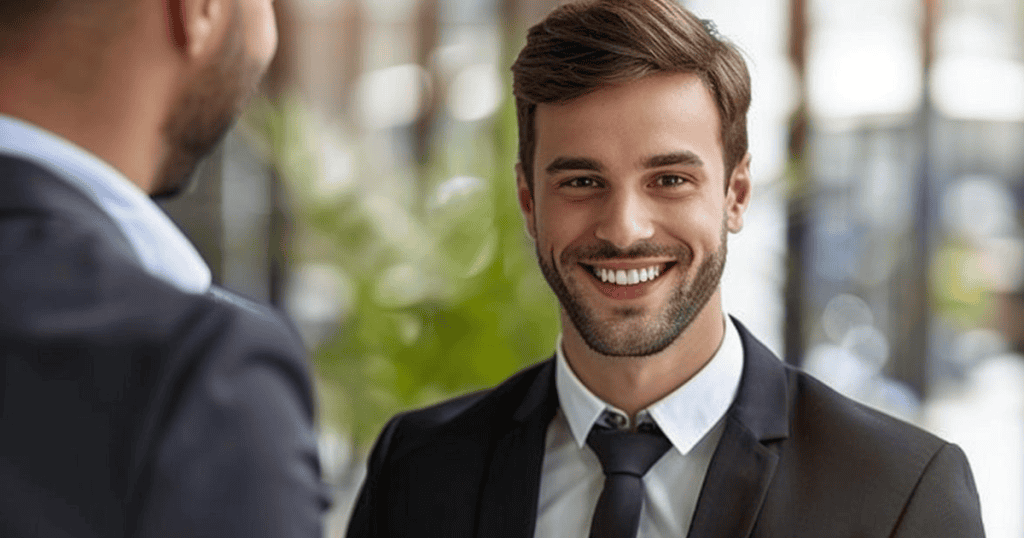 A man in a suit gives a polished, bright smile to a colleague, masking a dynamic that is far more complex than it appears.