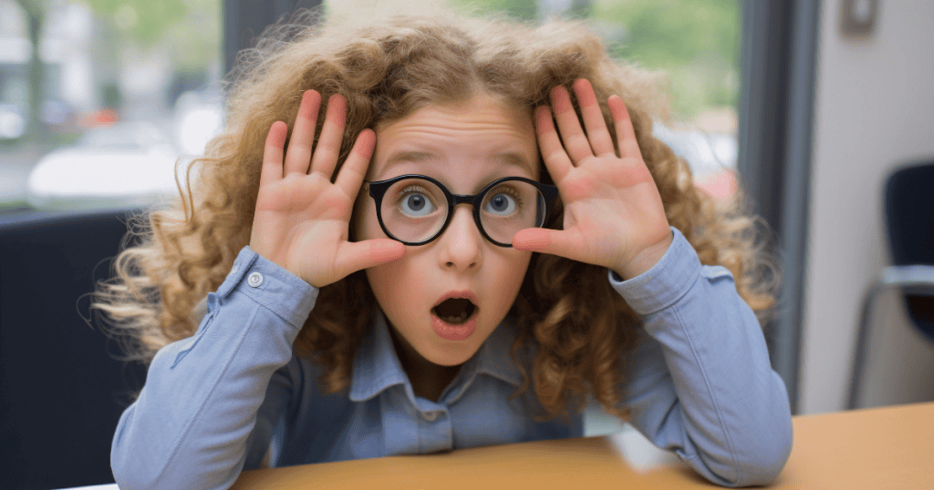 A young girl with curly hair and glasses peers through her hands with wide-eyed wonder, embodying the spark of an independent and inquisitive mind.