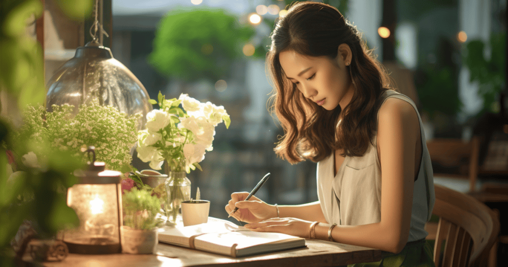 A woman calmly writes in a journal by warm lamplight, reflecting a quiet reclamation of her own narrative.