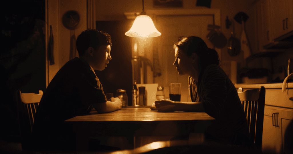 Two people sit across from each other at a kitchen table under a harsh, singular light, highlighting the tactical silence of a cooling dynamic.