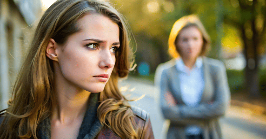 A woman looks away with quiet determination while another person stands blurred in the background with crossed arms, illustrating the moment when a narcissist’s opinion finally stops carrying weight.