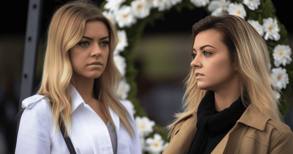 A blonde woman gazes intensely at another woman against a floral backdrop, depicting the heightened effort that follows a change in relational temperature.