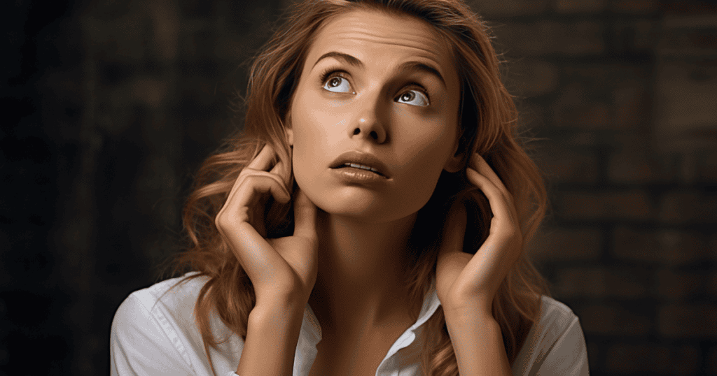 A young woman looks upward with a wide-eyed, helpless expression, her delicate gestures conveying the silent strain of a hidden burden.