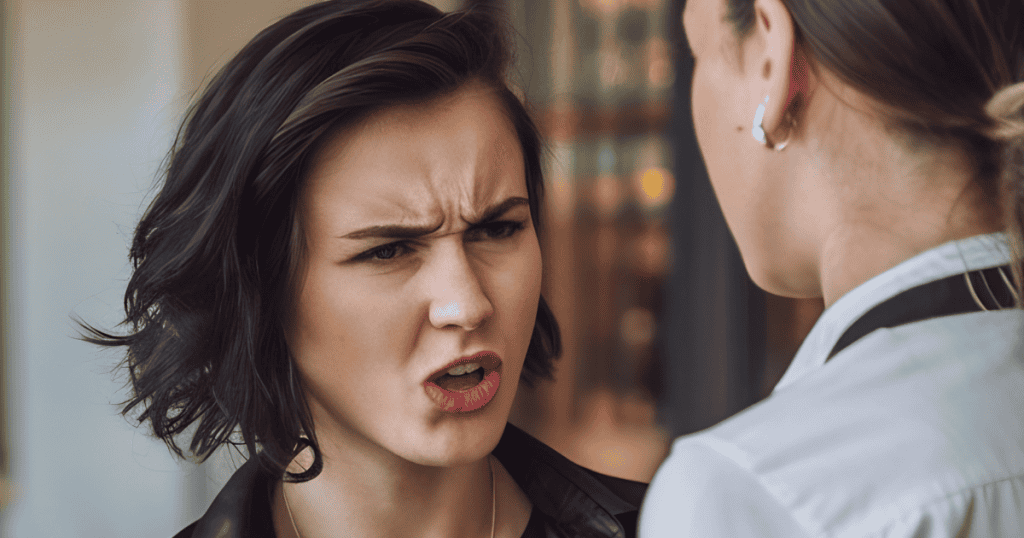 A woman with short dark hair speaks with a sharp, frustrated facial expression, revealing the exhaustion that comes after a long period of emotional expenditure.