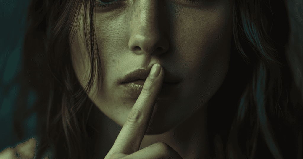 A close-up of a person’s face with a finger held vertically over their lips, suggesting the quiet power found in choosing not to engage.