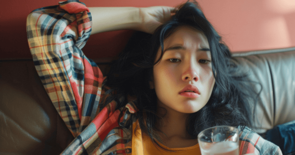 A woman lying back on a couch with a glass in hand and a dazed look, her exhausted state acting as a catalyst to reshape the current narrative.