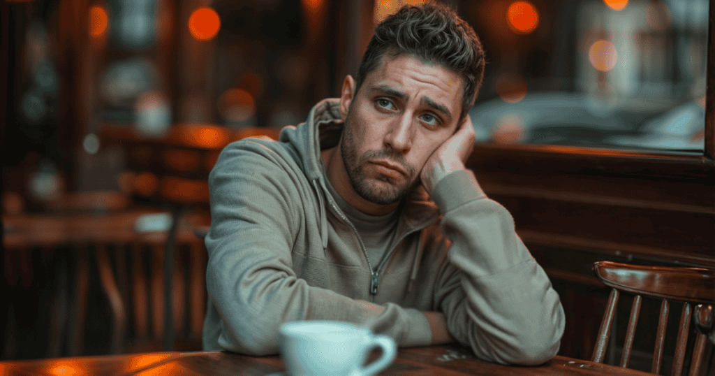 A man rests his head on his hand with a glazed expression in a dimly lit cafe, reflecting the quiet onset of a fading interest.
