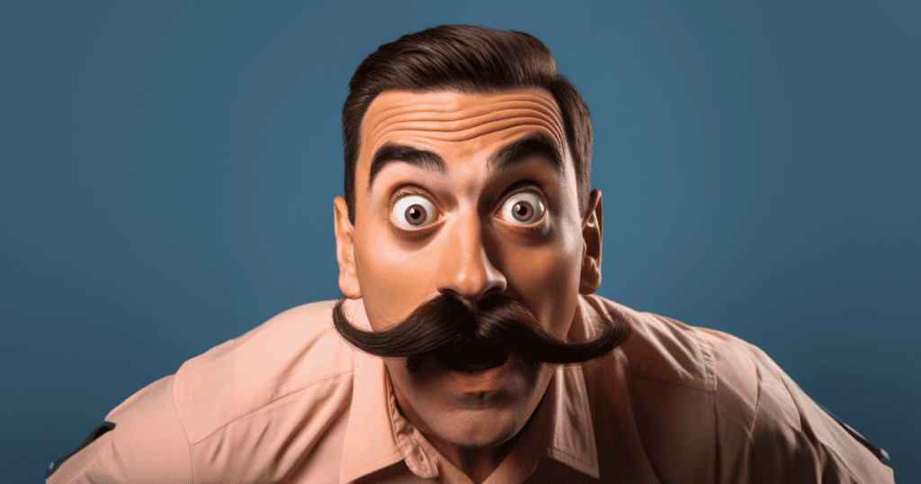 A man with an oversized mustache and wide, bulging eyes leans forward, using a theatrical expression to captivate and disarm his audience.