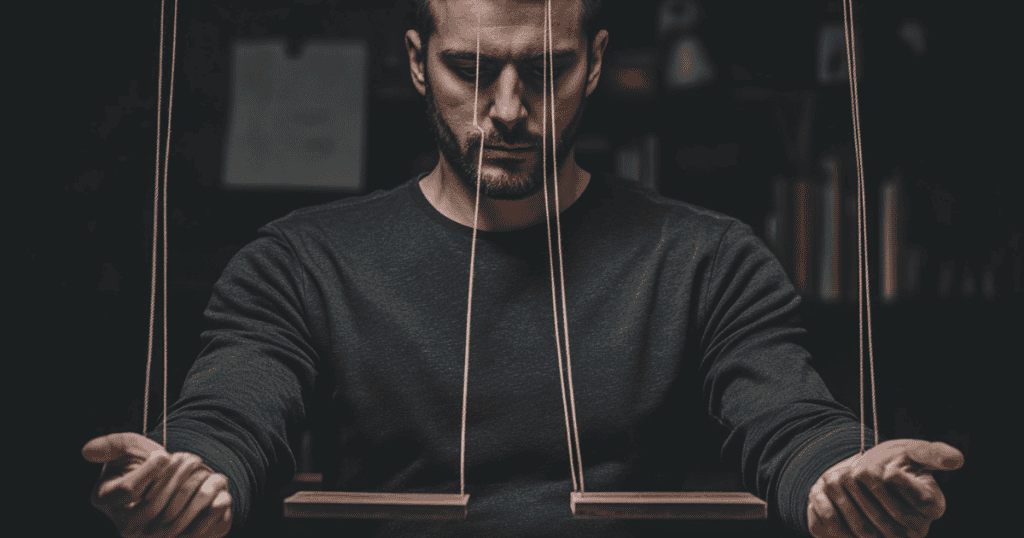 A man looks down at wooden blocks suspended by strings in his hands, illustrating the calculated nature of hidden influence.