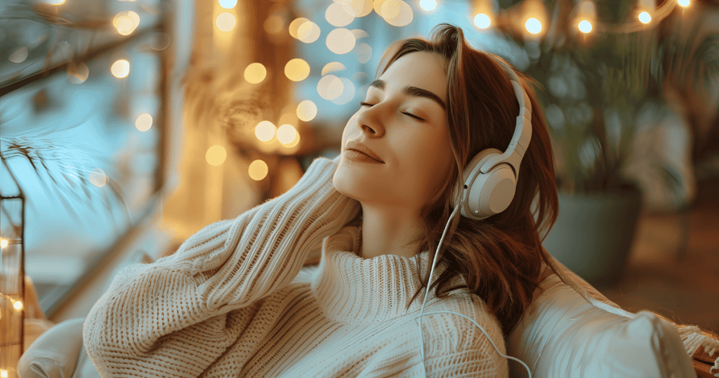 A woman relaxes with headphones on amidst warm fairy lights, finding a genuine personal retreat rather than feeling confined by her environment.