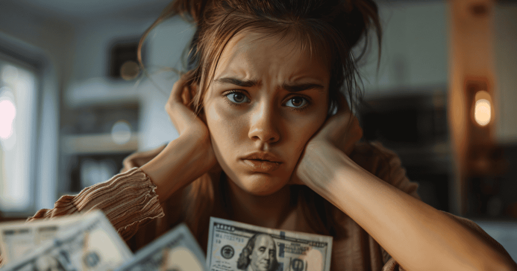 A young woman rests her chin on her hands with a look of deep fatigue behind a scattered pile of money, capturing the heavy mental toll of navigating unbalanced priorities.