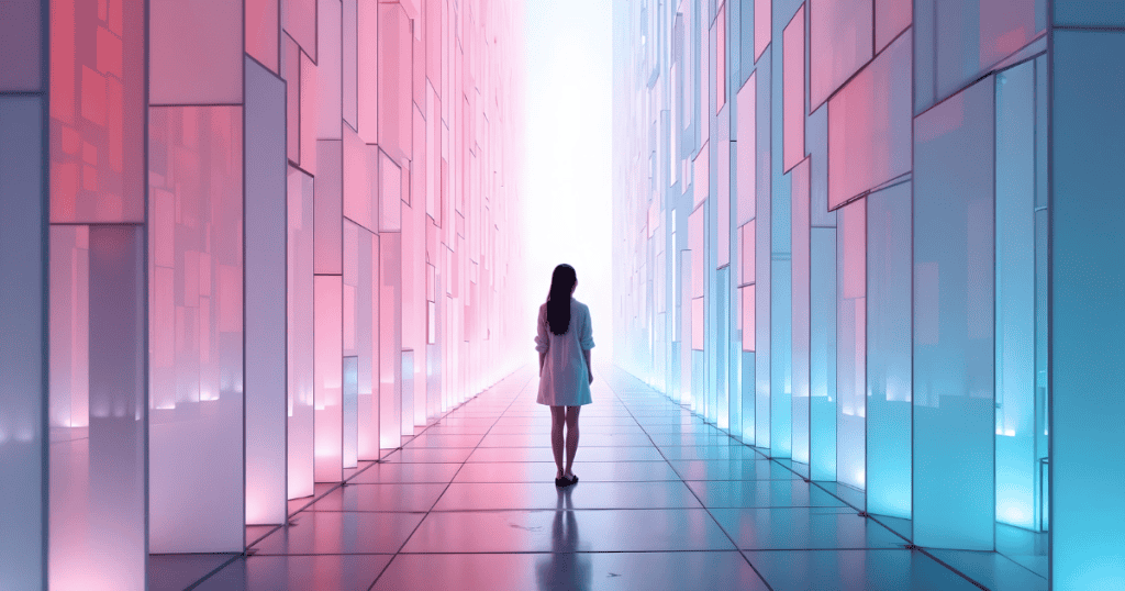 A woman stands alone in a high-contrast corridor of glowing geometric panels, looking toward a bright horizon of new possibilities.