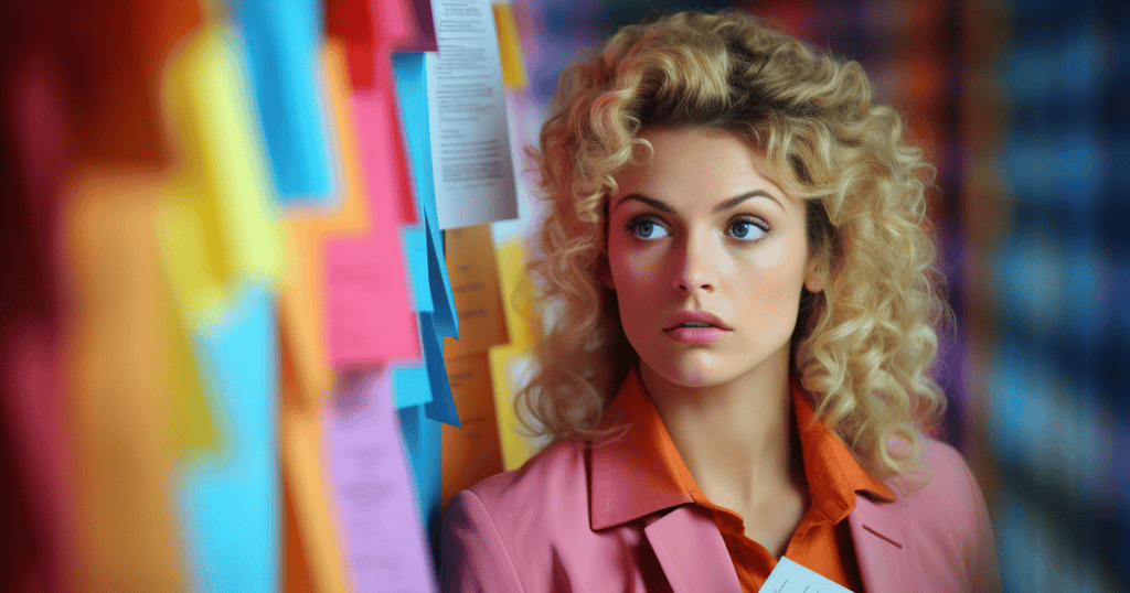 A blonde woman in a pink blazer intensely studying a wall of colorful sticky notes, her focused gaze uncovering a recurring sequence hidden in plain sight.