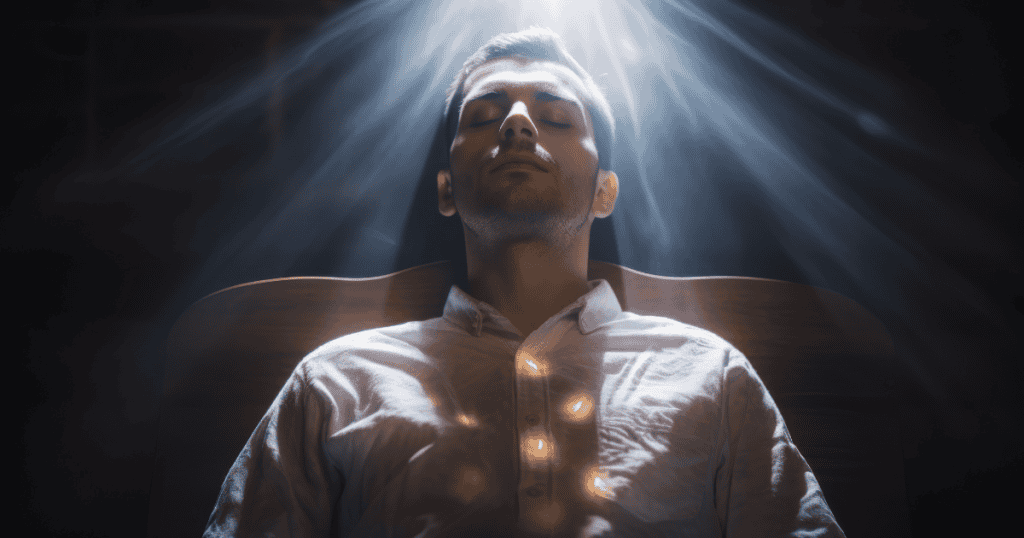 A man sits with eyes closed beneath a dramatic beam of light, weaponizing his display of divine enlightenment to distort the reality of those around him.