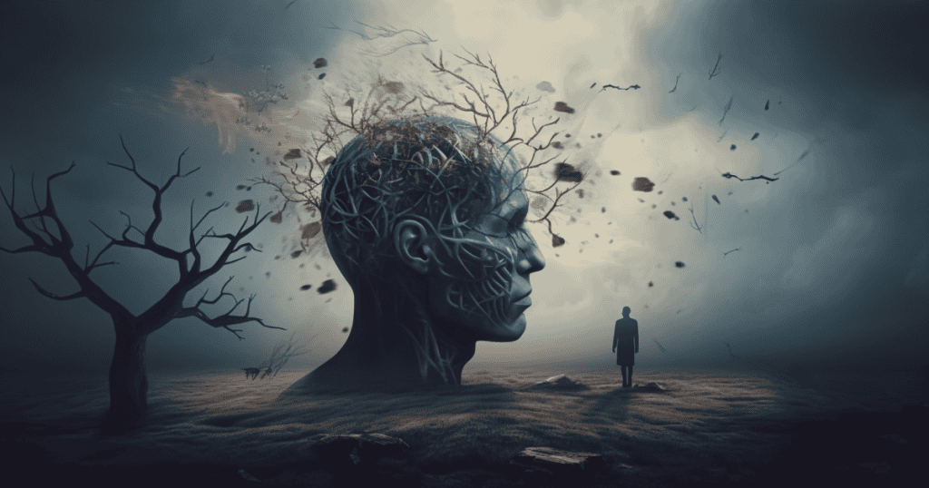A surreal landscape shows a human head unraveling into tangled branches as a lone figure stands nearby; a quiet reflection of how repeated patterns reshape the mind over time.