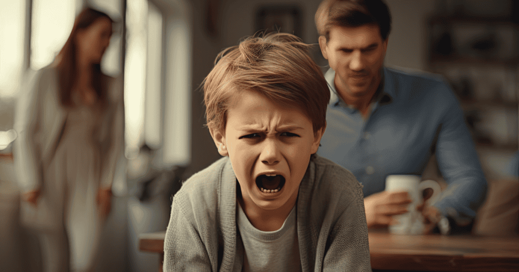 A young boy shouts in frustration while adults remain blurred in the background, depicting the raw emotional release that often stems from deeper, hidden tensions.
