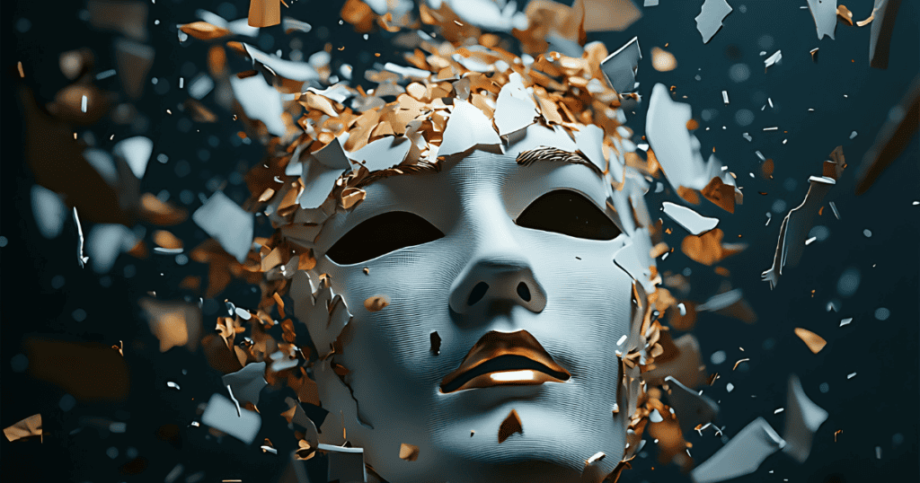 A white and gold porcelain mask shatters into many flying pieces, revealing the fragile void hidden behind a carefully constructed facade.