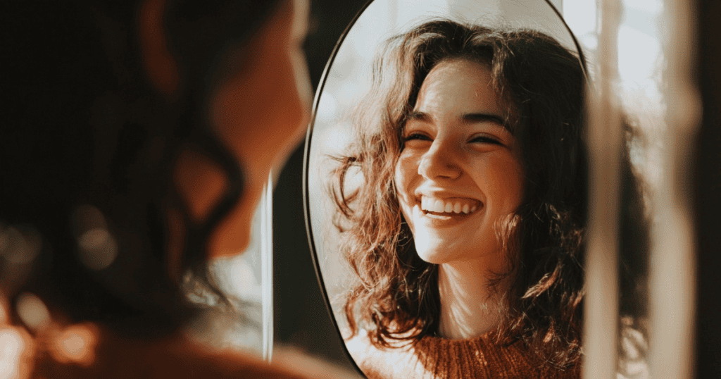 A woman gazes into a mirror with a bright, genuine smile, signaling a shift in focus back toward her own well-being.