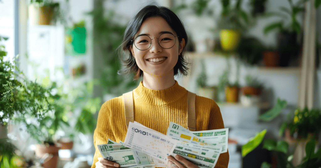 A woman smiles brightly while holding diverse banknotes in a sunlit room filled with plants, signaling a shift toward a more personal and flourishing internal value system.