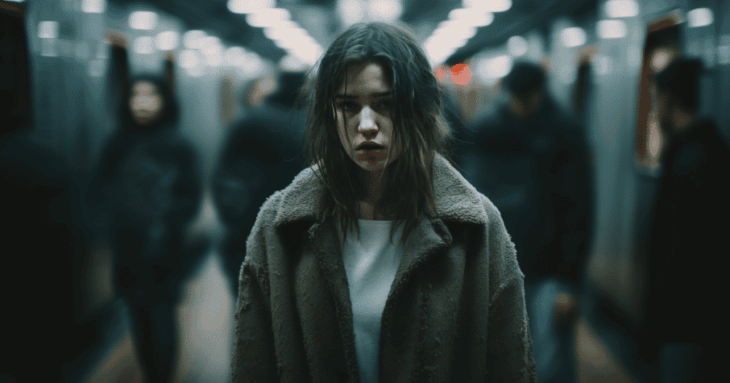 A disheveled young woman stands isolated amidst a blurred, crowded corridor, visually capturing the paralyzing cycle that makes breaking free seem entirely impossible.
