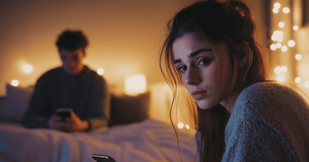 A woman stares into the camera with a troubled expression while a man is distracted by his phone in the background, highlighting a lingering sense of disconnection.