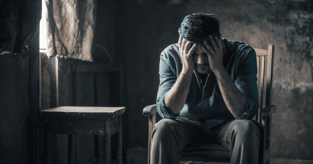 A man sits alone in a dark room with his head in his hands, portraying a moment of profound confrontation with a heavy internal burden.