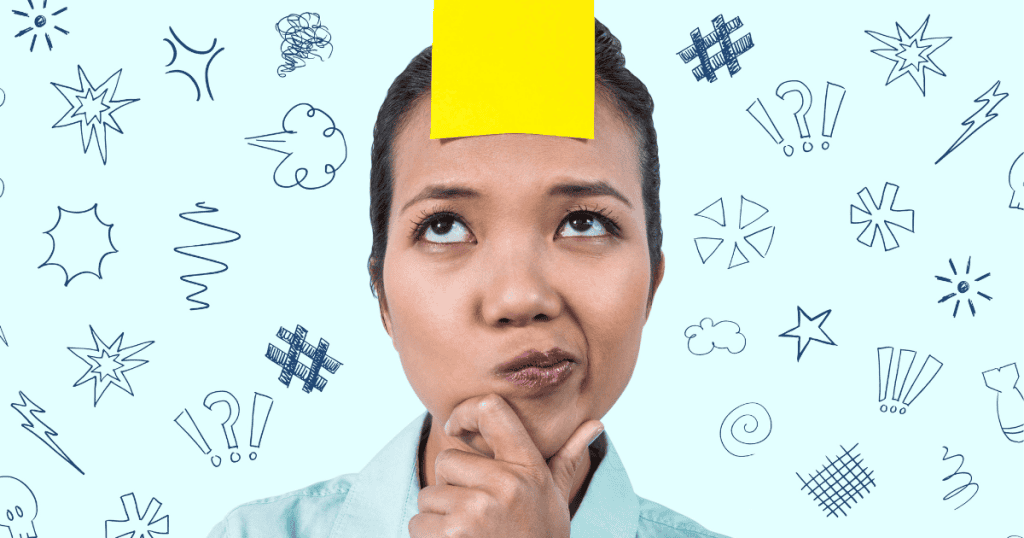 A woman looks upward with a confused expression and a yellow sticky note on her forehead against a backdrop of scribbled icons, illustrating the internal fog that occurs when one's reality is being challenged.