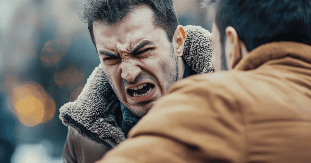 A man with a deeply furrowed brow shouts and points aggressively, capturing the moment an underlying hostility breaks through a supportive facade.