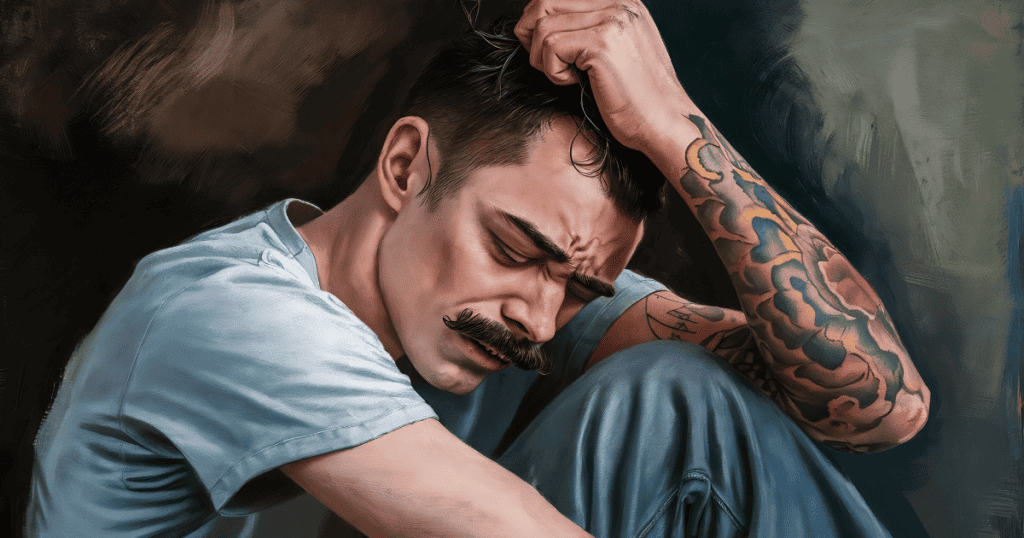 A man with tattoos hunches over in emotional distress, illustrating the intense physical manifestation of a forced psychological breakthrough.