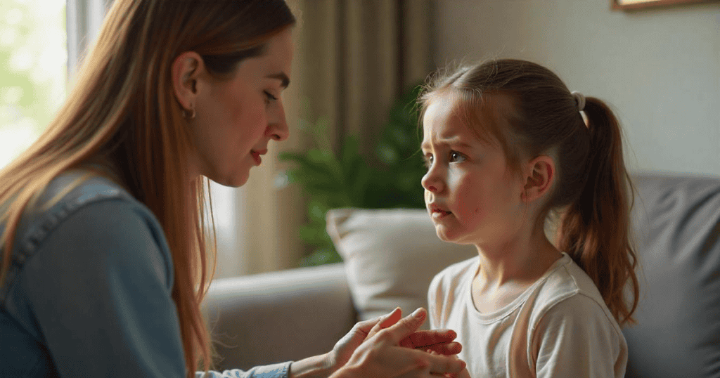 A mother holds her young daughter’s hands while looking intently into her eyes, capturing a serious conversation where truth takes precedence over easy answers.