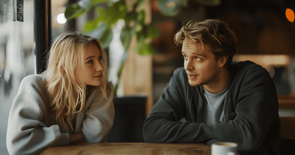 A woman listens attentively to a man speaking in a café, reflecting the dynamic of managing a one-sided conversation without emotional exhaustion.