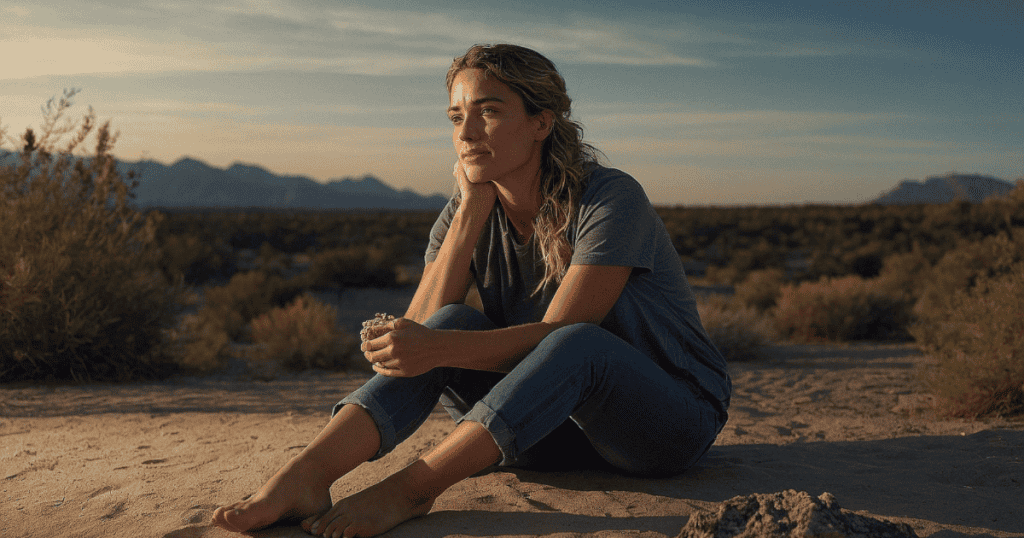 A woman sits barefoot on the desert sand looking toward the horizon, embodying the calm needed to withstand emotional turbulence.