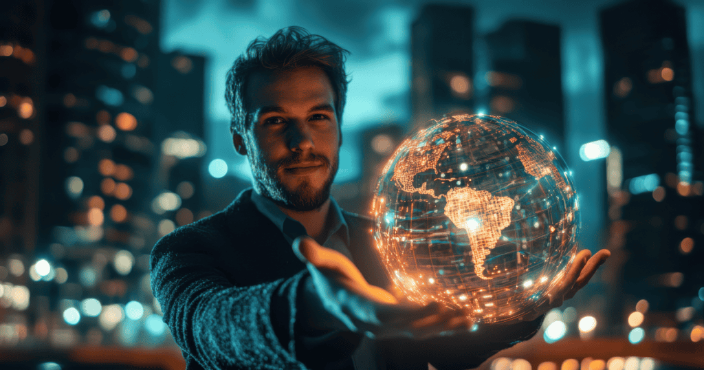 A man holds a glowing, digital projection of the Earth in his palms against a city backdrop, representing the data-driven mapping of personality traits across various borders.