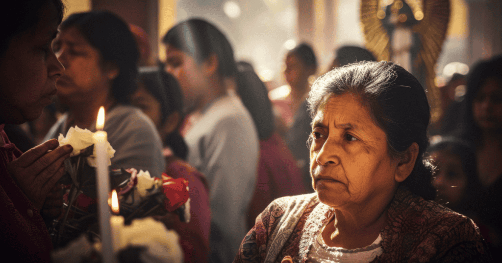An elderly woman with a weary expression stands among a crowd in a candlelit church, her face etched with the weight of rigid expectations.