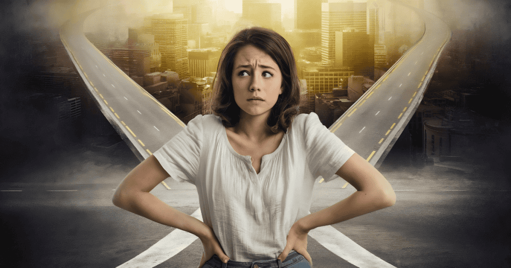 A woman stands at a crossroads between two winding highways, her hesitant expression reflecting the internal conflict of choosing a path.