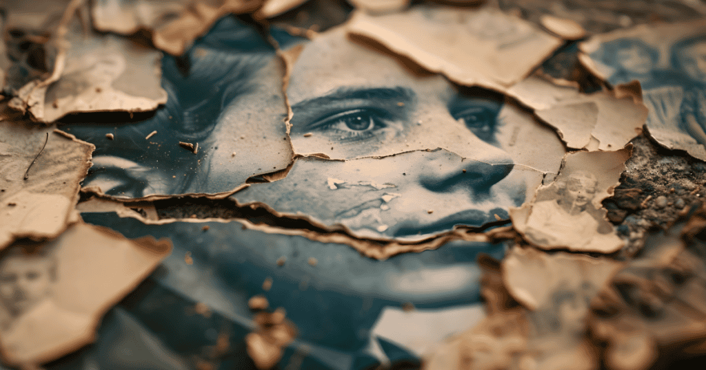 A scattered collection of torn and weathered vintage photographs rests on the ground, mirroring a sense of self that has slowly fragmented over time.