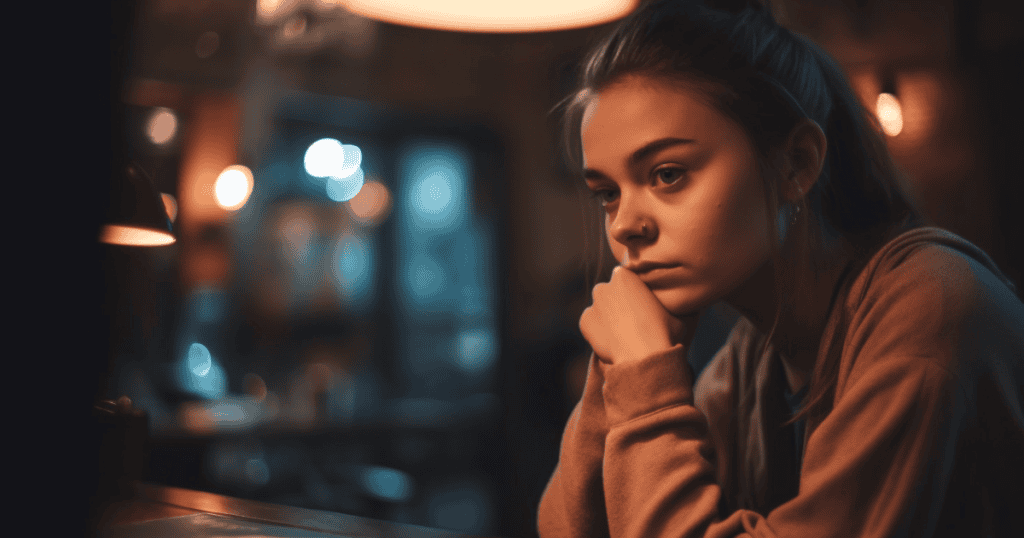 A young woman sits alone in a dimly lit cafe with her chin resting on her hand, her distant gaze capturing the heavy weight of a sudden, quiet epiphany.