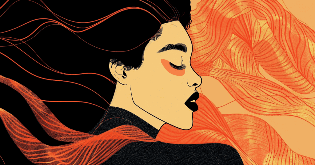 A stylized profile of a woman with closed eyes is surrounded by flowing, orange geometric lines that suggest a sudden, intricate realization of hidden structures.