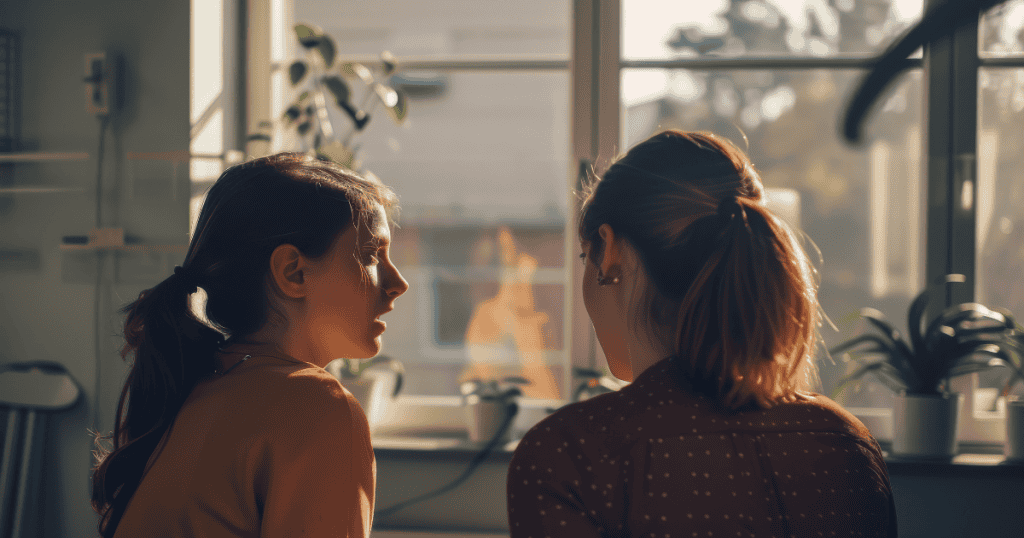 Two women sit in a sunlit room in quiet conversation, their silhouettes suggesting a private shift toward personal autonomy.