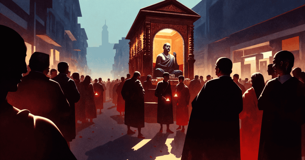 A large crowd gathers before a glowing, elevated statue in a narrow street, illustrating how grand spectacles can solidify unquestioned influence.