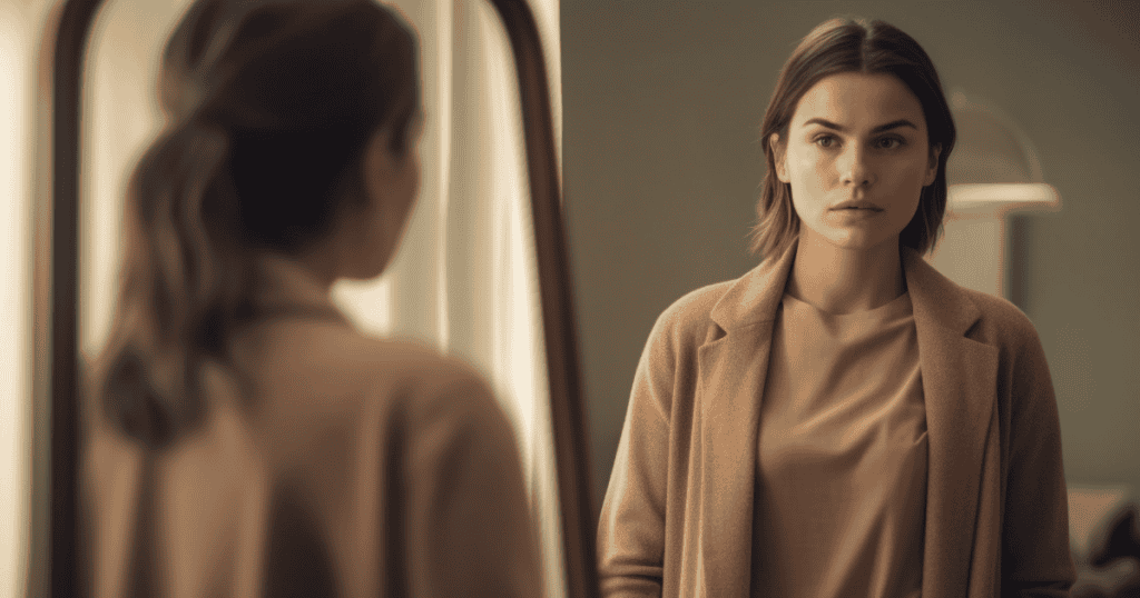 A woman gazes at her own reflection with a neutral, questioning expression, observing the person she has become through a lifetime of subtle retreats.