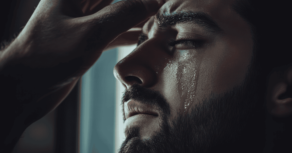 A close-up shows a man with a single tear running down his face, capturing the rare and vulnerable emergence of genuine sensitivity.