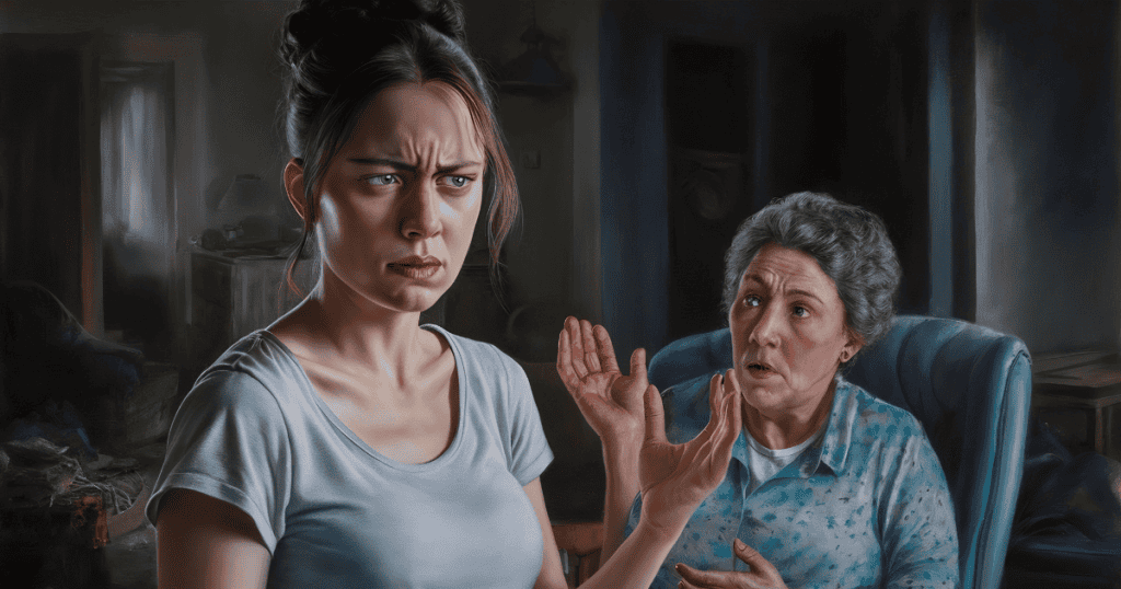 A young woman looks away with a stern, resolute facial expression while an older woman gestures behind her, marking the tension that arises when a standard interaction dynamic is broken.