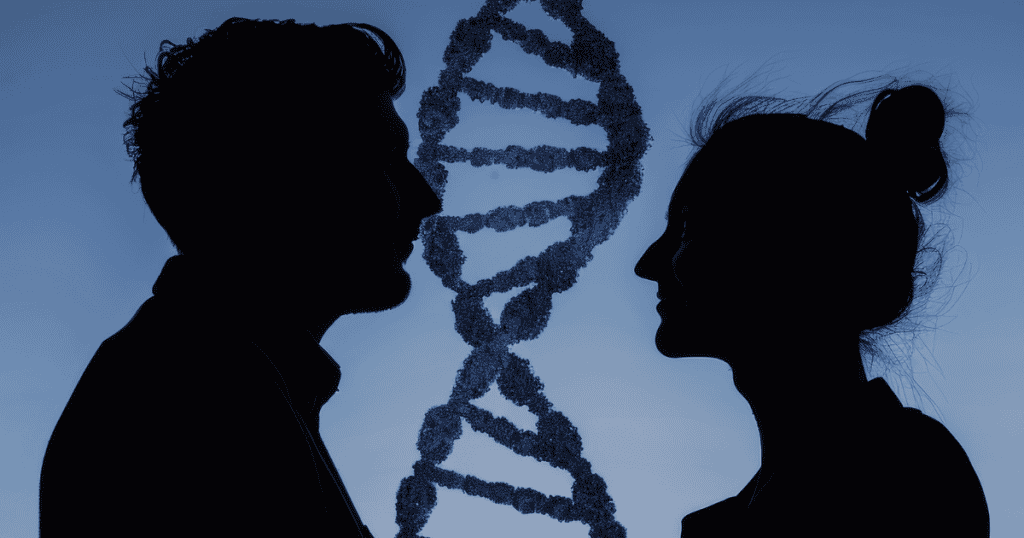 Two silhouetted profiles face one another in front of a glowing DNA strand, highlighting the invisible threads that link two individuals.