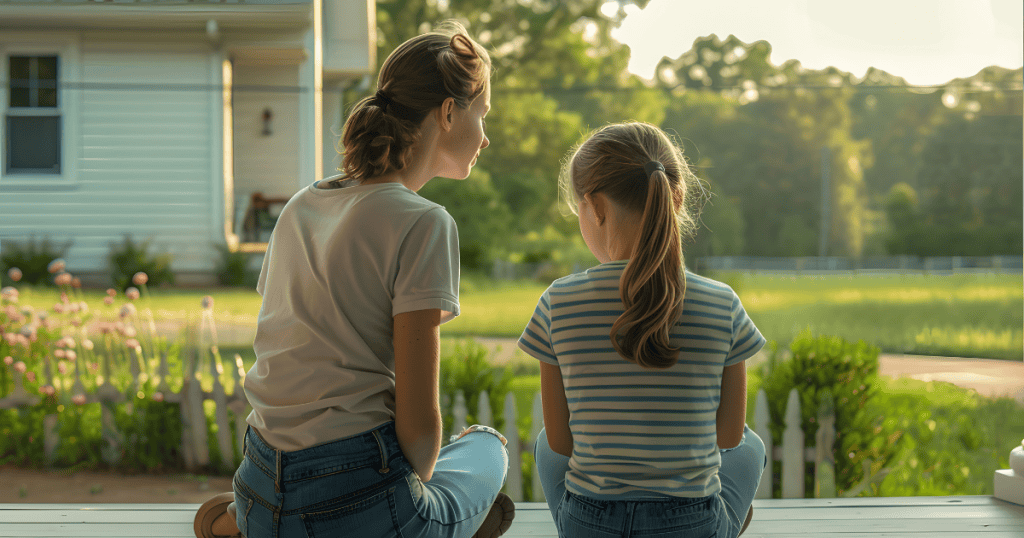 A woman and a girl sit side-by-side on a porch looking out over a sunlit yard, representing the peaceful restoration that occurs when emotional stability is finally established.