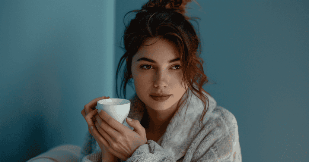A woman sits quietly holding a warm mug with a contemplative expression, portraying the internal peace found after choosing to distance oneself from a draining cycle.
