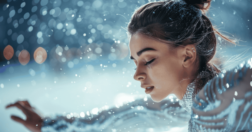 A woman is surrounded by swirling, ethereal light and shimmering particles, her closed eyes and still posture suggesting a nervous system suspended in a moment of stasis.